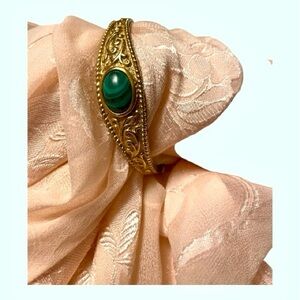 925 Sterling Silver Malachite Gold- Plated Hinged Bangle Bracelet, Engraved.